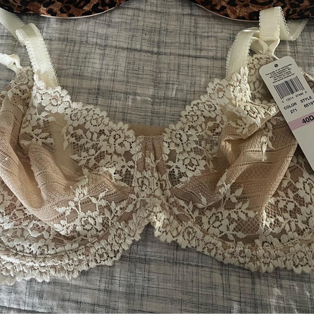 Four Wacoal Lace Bra in Cream and Tan, black/tan,maroon/beige, leopard print.